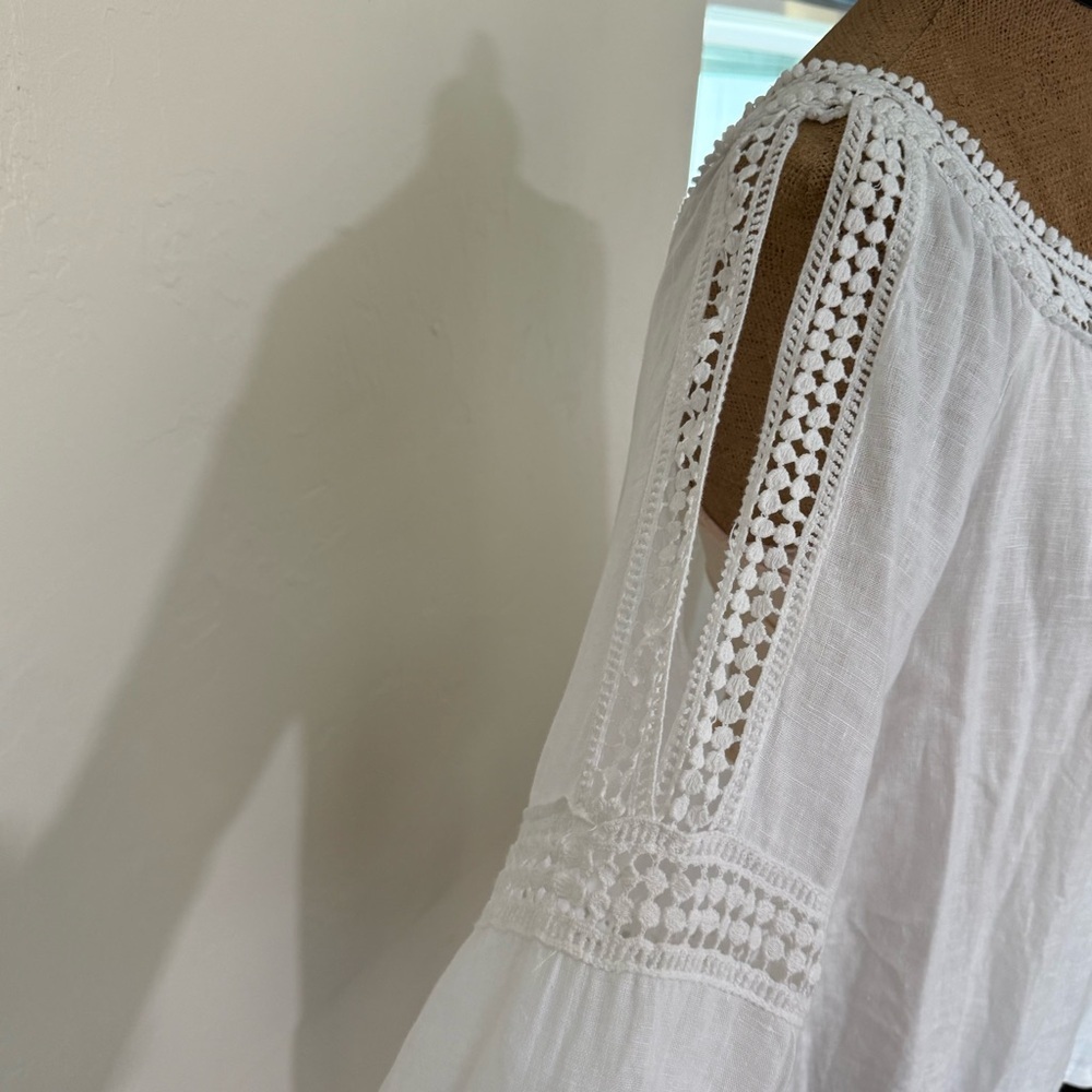 Saks Fifth Avenue 100% Linen white long-sleeve peasant-style blouse lace trim XL - Picture 4 of 7